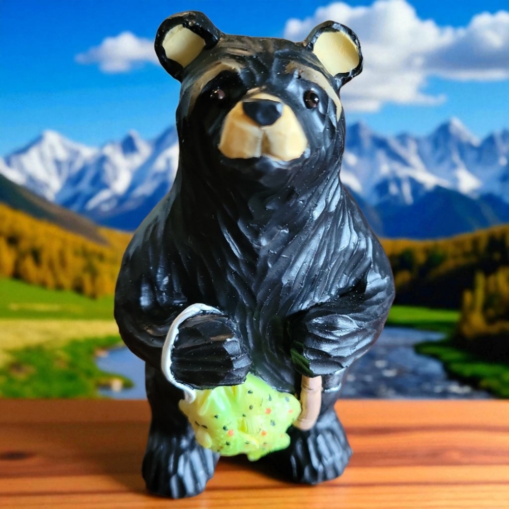 Vtg Black Bear Fisherman Fish Lipco Resin Figurine Statue Brown Eyebrows